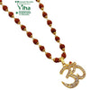 Rudraksh Mala with OM Pendant, a gold-toned beaded necklace featuring sixteen reddish-brown textured seed-like beads and a clear stone-paved pendant