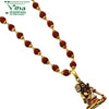 Rudraksh Shiv Pendant Mala, a gold-toned necklace featuring brown faceted beads alternating with small gold-toned beads and a figure pendant