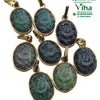 Natural Green Aventurine Stone Ganesha Pendant, eight oval pendants with green-toned carved stones and gold-toned bails