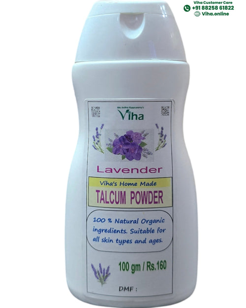 Viha Lavender Talcum Powder, a white plastic bottle featuring purple lavender graphics and text on a rectangular label with a flip-top cap