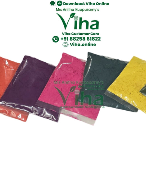 9 Colour Kumkum, nine square plastic packets containing powders of different colors arranged in a row