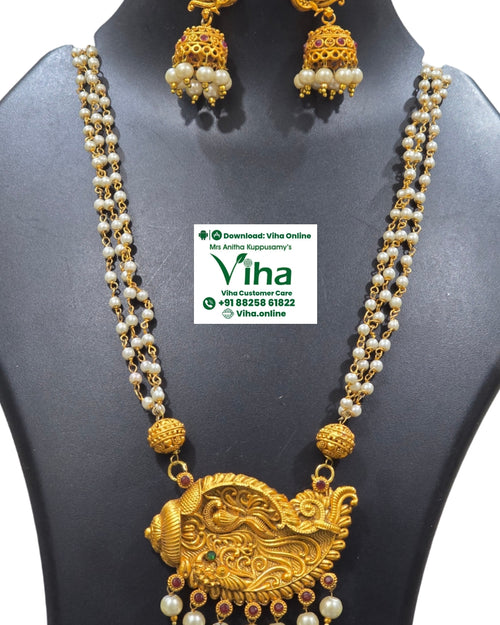 White Beads Chain Set, large central pendant with bird motif