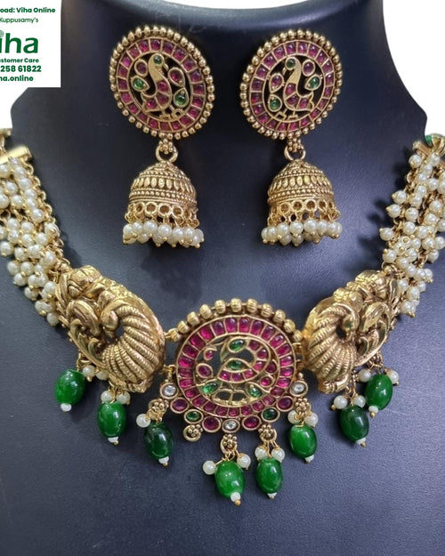Necklace Set with peacock motifs and dangling beads