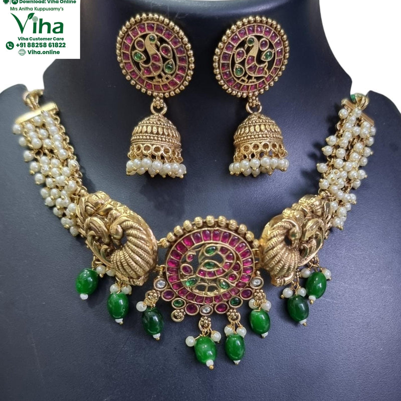 Necklace Set with peacock motifs and dangling beads