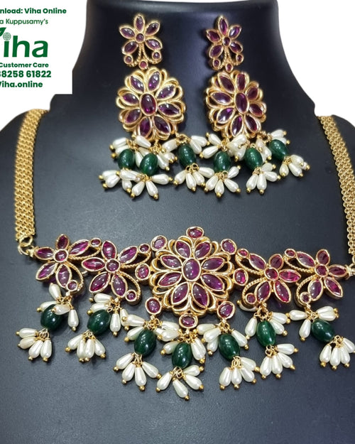 Premium Quality Floral Kemp Necklace Set, green beads