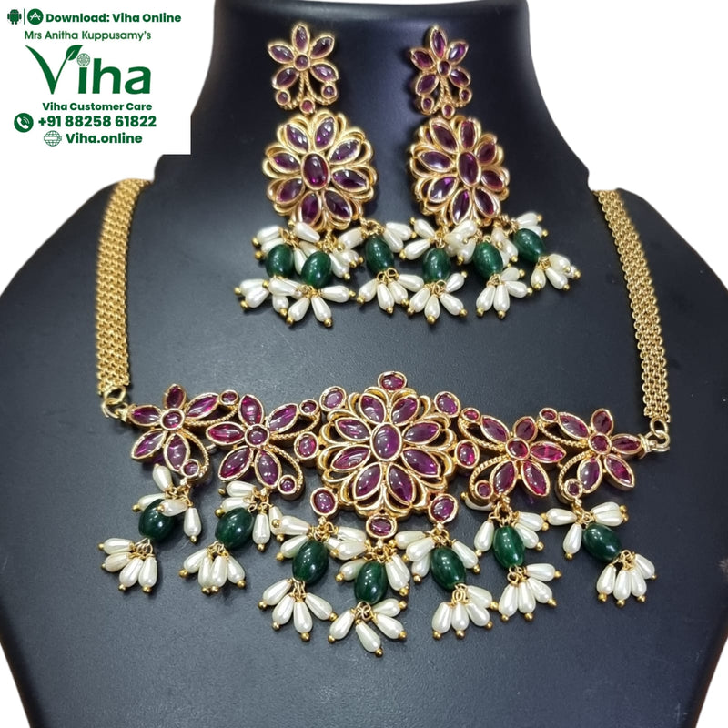 Premium Quality Floral Kemp Necklace Set, green beads
