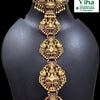 Women's Gajra, a gold-toned hair ornament with four circular seated-figure medallions, peacock motifs, red and green stones, and hanging ball drops