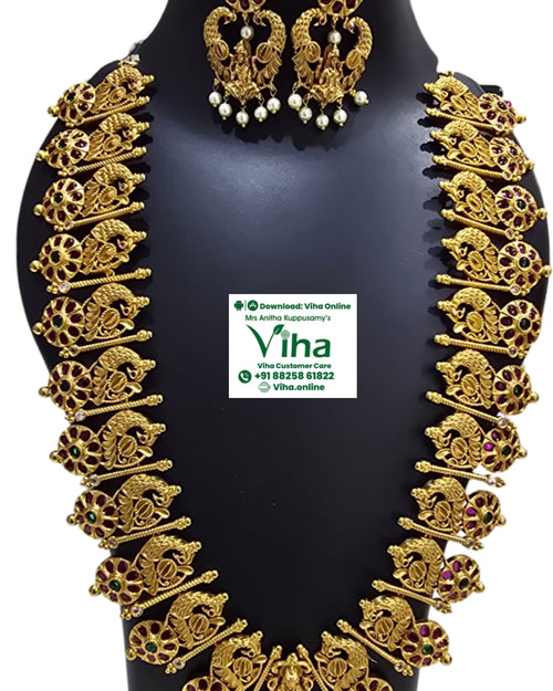 Peacock Kemp Haram Set, long necklace and earrings with embossed metalwork and stones