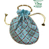 Designer Potli Bag, a light blue drawstring pouch with a red and golden lattice pattern, golden handle, white bead edging and two golden tassels