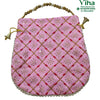 Designer Potli Bag, a pink drawstring pouch featuring a gold-toned diamond lattice pattern with embroidered motifs, bead handle trim, and white edge beads