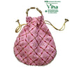 Designer Potli Bag, a pink drawstring pouch with gold-toned embroidery, metallic thread patterns, and a beaded handle