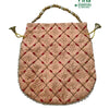 Designer Potli Bag, a peach-coloured rectangular pouch features a gold-toned lattice pattern, embroidered motifs, white bead edges, and a beaded top handle