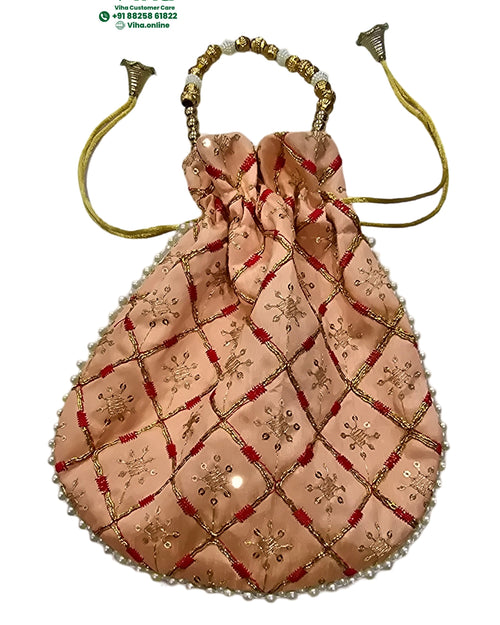 Designer Potli Bag with cinched top, beaded edge and handle