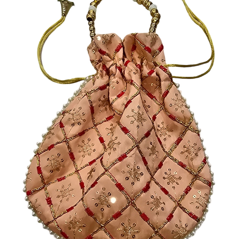 Designer Potli Bag with cinched top, beaded edge and handle