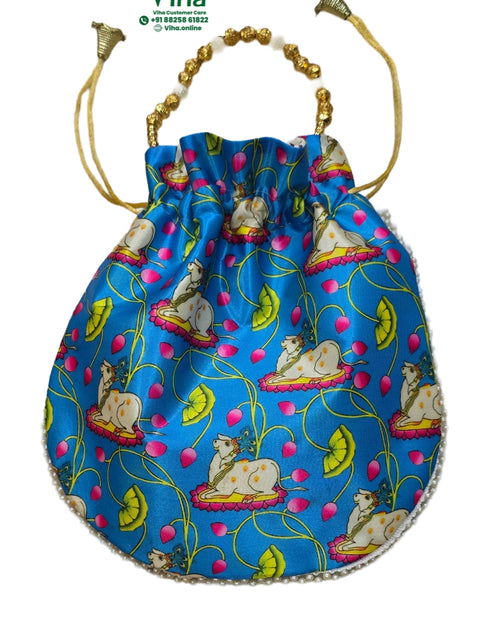 Satin Cow Potli Bag | Pouch, blue pouch with drawstring and beaded handle