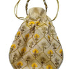 Designer Potli Bag, beige drawstring pouch with gold-toned embroidery, yellow floral motifs, and a beaded handle