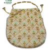 Designer Potli Bag, a beige textured pouch features a diamond lattice pattern, embroidered green-and-gold motifs, white beaded trim, and a gold-toned handle