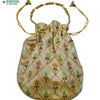 Designer Potli Bag, an embroidered beige drawstring bag featuring a beaded top handle, green floral motifs, and a white-beaded edge border