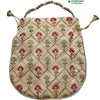 Designer Potli Bag, a cream bag with a diamond-shaped pattern, red-and-golden embroidered florals, white beaded trim and a beaded handle