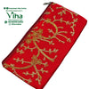 Designer Purse, a red zippered pouch with embroidered gold-toned floral and branch patterns featuring pinkish-white bead accents across its surface