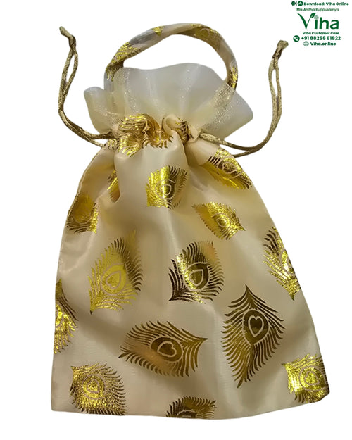 Potli Bag | Pouch with peacock feather patterns and a drawstring