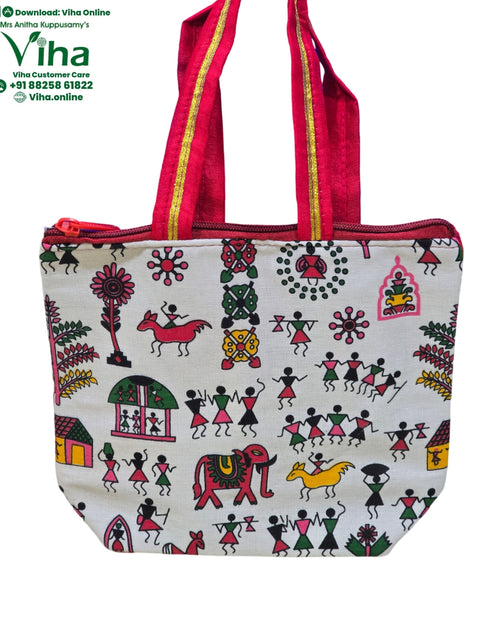Warli Art Cloth Bag with two top handles and zipper closure