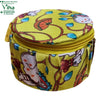 Storage Box, a round yellow-toned zipped fabric box featuring a printed pattern of white animal figures amongst blue-trimmed leaves and orange lotus elements