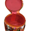 Storage Box, an open round orange container featuring a patterned exterior, zipper closure, and red interior surface