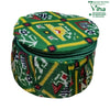 Storage Box, a green, yellow, and red patterned round fabric box with a zippered lid and pleated sides