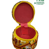 Storage Box, an open round yellow-and-red fabric case with a patterned exterior and a textured pink interior lining joined by a zipper