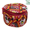 Storage Box, a small, round red zippered pouch features a patterned fabric cover in red, yellow, white, and green with geometric and animal motifs