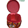 Storage Box, an open round red zippered pouch featuring patterned red, yellow, and white fabric on its exterior sides and a linked hinge connector