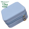 Travelling Jewel Case, a light blue textured square zippered case with one silver-toned rectangular pull tab