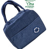 Thermal Lunch Bag, a blue fabric-texture bag with two braided top handles and one round front patch with white lettering