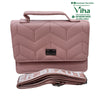 Stylish Ladies Sling Bag, a pink handbag with a chevron-stitched flap, top handle, metallic clasp, and a folded pink-and-white patterned strap beneath