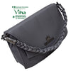 Beautiful Handbag For Ladies, a dark grey shoulder bag featuring a braided strap, a flap closure, and metallic hardware details