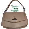 Beautiful Handbag For Ladies, a nude-coloured handbag with a braided handle, a flap closure, and a dark metallic badge on the front