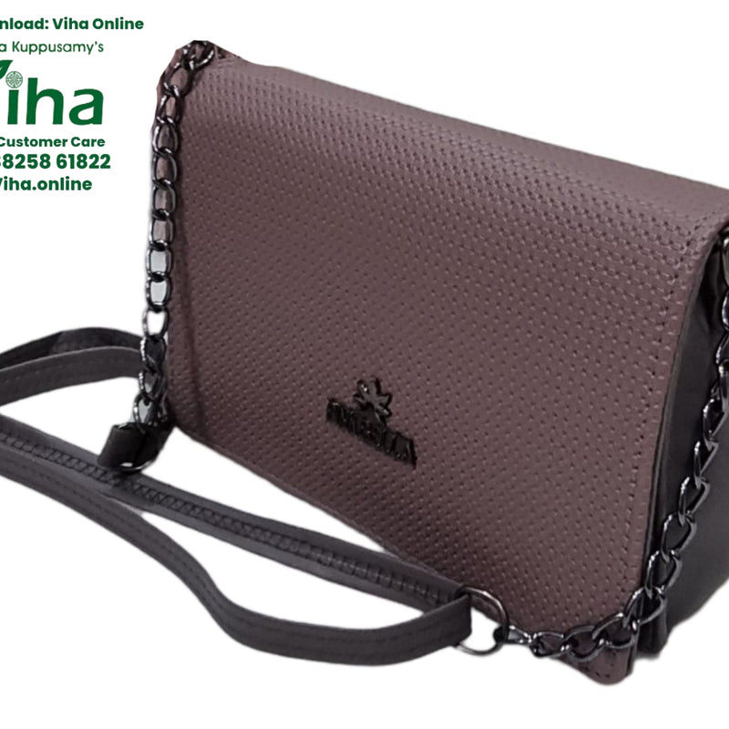 Sling Hand Bag, dark mauve handbag with rounded sides and chain strap