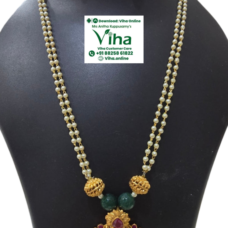 White Beads Peacock Pendant Chain, double strand chain with peacock pendant