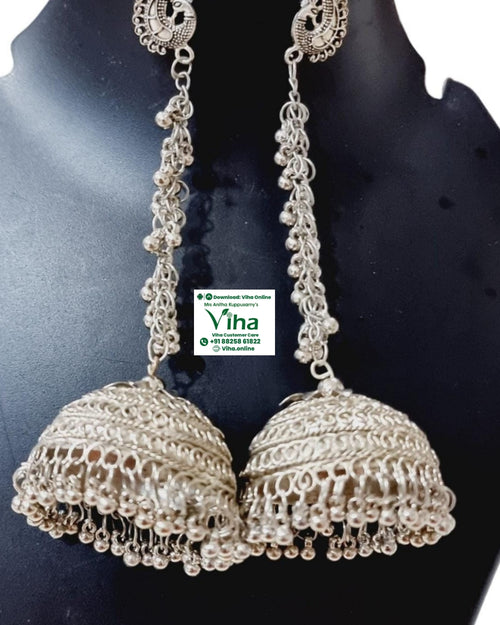 White Metal Long Jhumka, two long silver-toned jhumka earrings featuring peacock studs and beaded chains