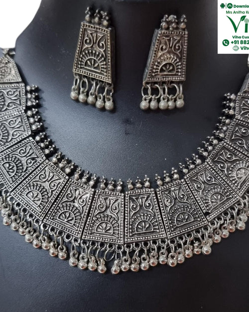 Oxidised White Metal Necklace Set with modular necklace and earrings