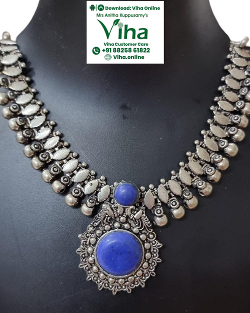 Oxidised White Metal Necklace, pendant with blue stones