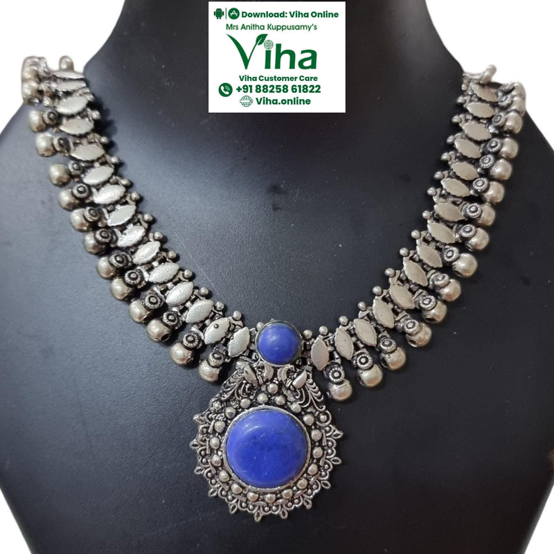 Oxidised White Metal Necklace, pendant with blue stones