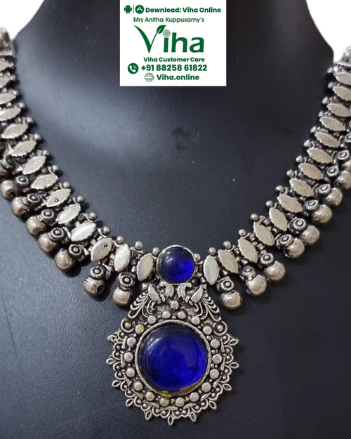 Oxidised White Metal Necklace, pendant with blue stone and filigree