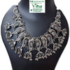 White Metal Oxidised Peacock Necklace with bird motifs and hanging bell accents