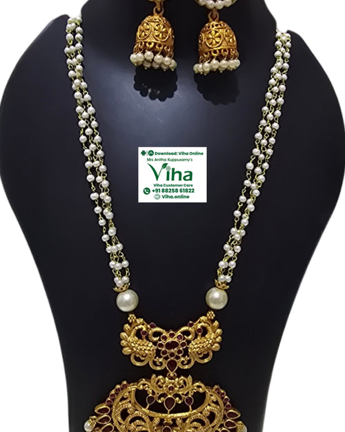 White Beads Pendant Chain Set, a gold-toned and red jewellery set featuring a three-strand white-beaded necklace and two matching jhumka earrings