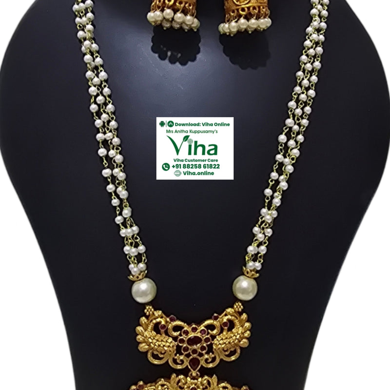 White Beads Pendant Chain Set, a gold-toned and red jewellery set featuring a three-strand white-beaded necklace and two matching jhumka earrings