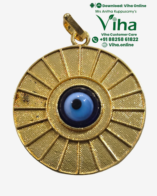 Evil Eye Pendant - Brass, with central circular eye design and ridged sunburst ray patterns radiating outwards