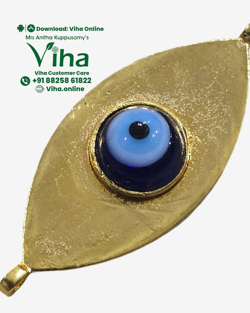 Evil Eye Pendant - Brass, a gold-toned eye-shaped pendant featuring a concentric blue and black glass cabochon with two end loops