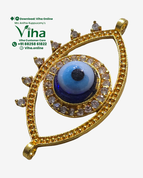 Evil Eye Pendant - Brass, a gold-toned eye-shaped pendant with six clear stones and a central sphere containing blue, white, and black concentric circles